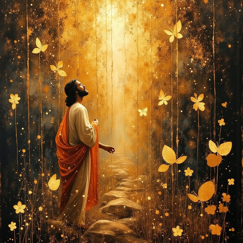 Figure in golden light on a sacred path