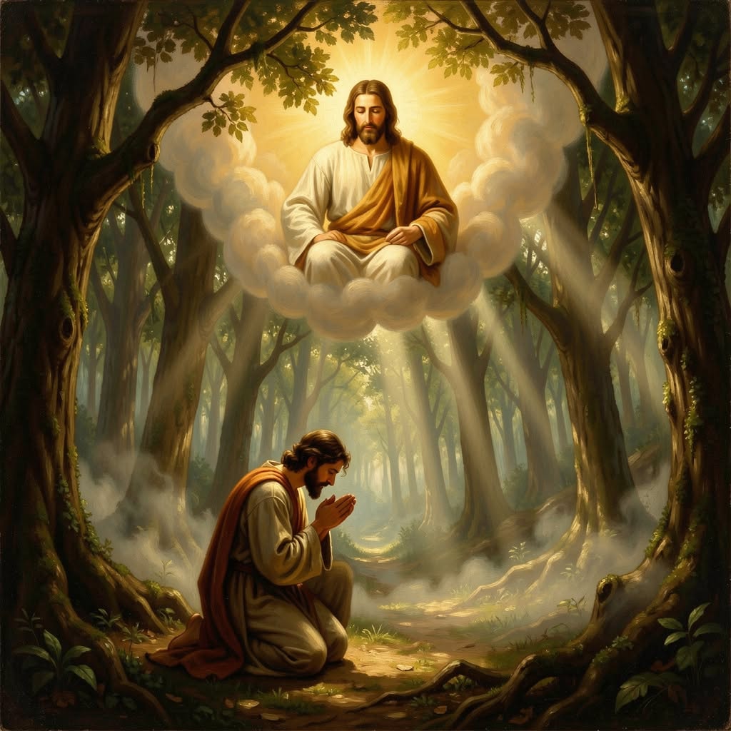 Man praying before Christ in the forest