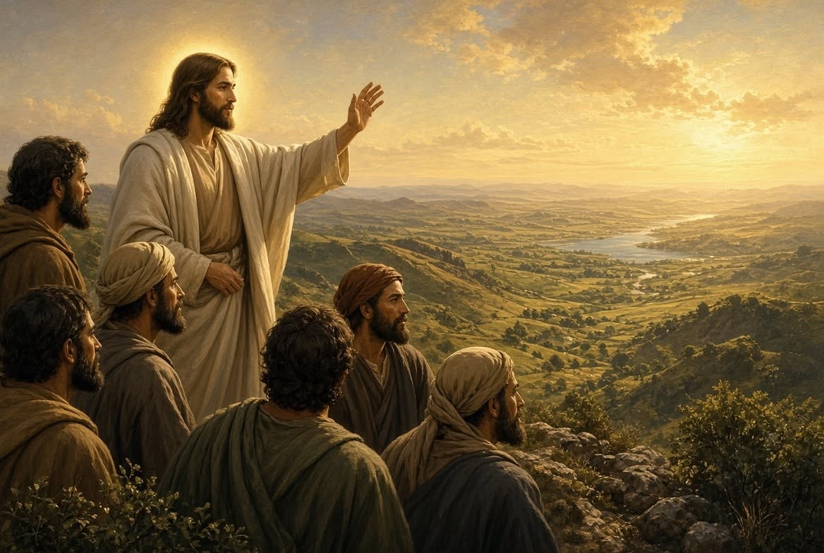 Jesus teaching disciples on a hillside